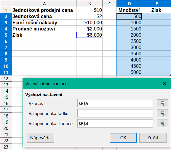 Vstupy do nástroje Vícenásobné operace pro jeden vzorec, jednu proměnnou
