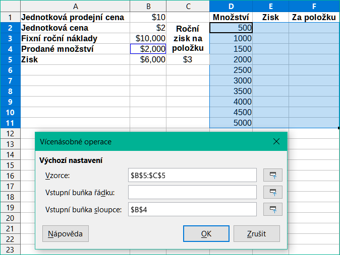 Vstupy pro nástroj Vícenásobné operace pro jednu proměnnou a dva vzorce