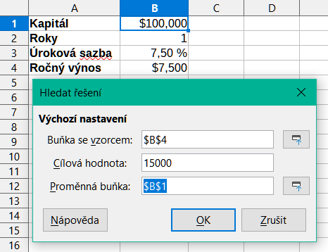 Příklad nastavení pro hledání řešení