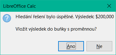 Dialog okno výsledku hledání řešení