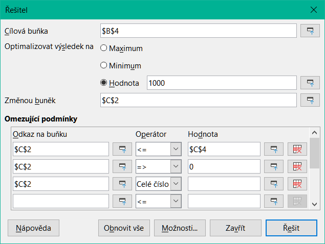Dialogové okno Řešitel