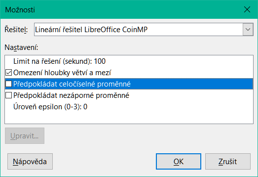 Dialogové okno Možnosti řešitele