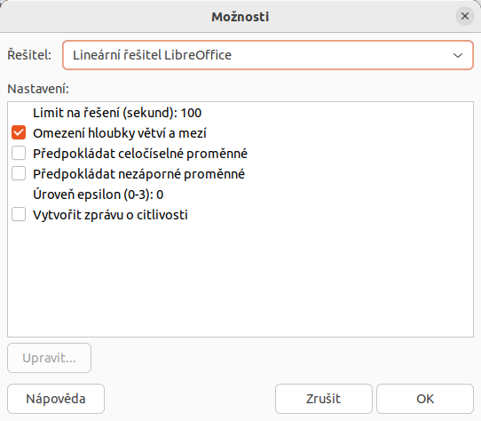 Dialogové okno nastavení možností řešitele