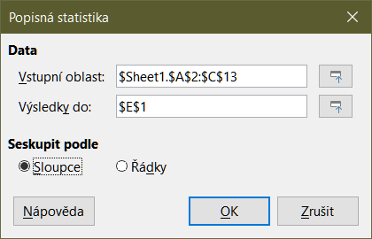 Dialogové okno Popisná statistika