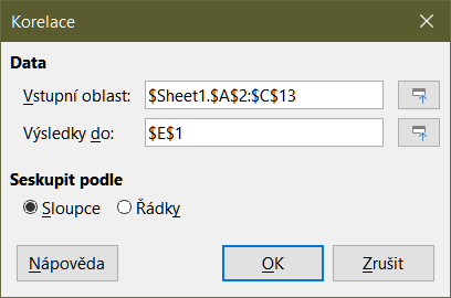 Dialogové okno Korelace