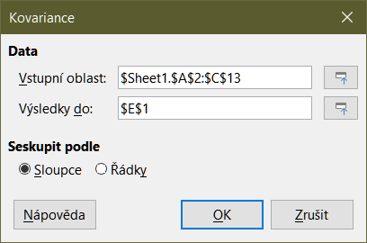 Dialogové okno Kovariance
