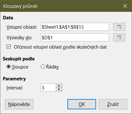 Dialogové okno Klouzavý průměr