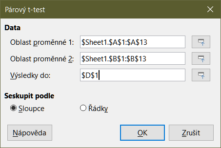 Dialogové okno Párový t-test