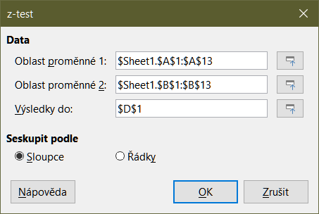 Dialogové okno Z-test