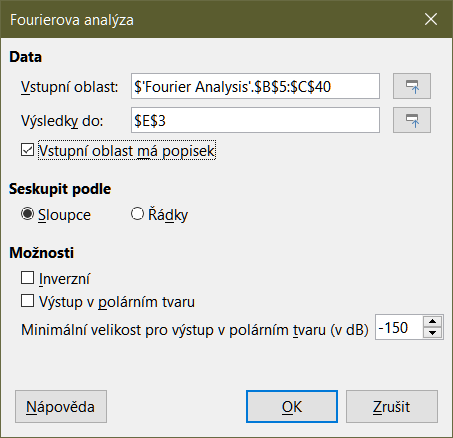 Dialogové okno Fourierova analýza