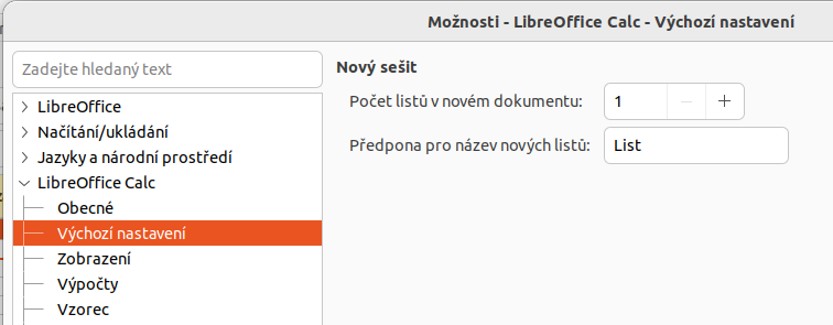 Dialogové okno Možnosti > LibreOffice Calc > Výchozí nastavení