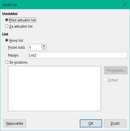 Dialogové okno Vložit list