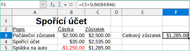 Výběr referenční buňky spořícího účtu