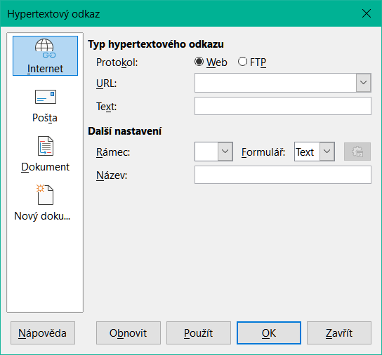 Dialogové okno Hypertextový odkaz zobrazující podrobnosti pro kategorii Internet