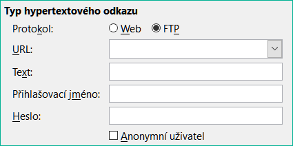 Ovládací prvky pošty v dialogovém okně Hypertextový odkaz