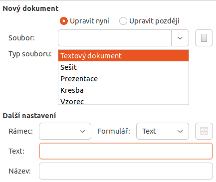 Ovládací prvky Nového dokumentu v dialogovém okně Hypertextový odkaz