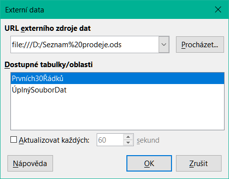 Dialogové okno Externí data