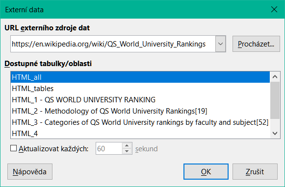 Dialogové okno Externí data s popisky tabulek