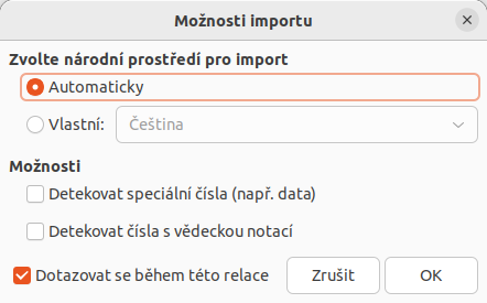Dialogové okno Možnosti importu