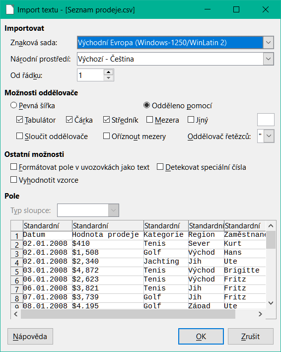 Dialogové okno Import textu