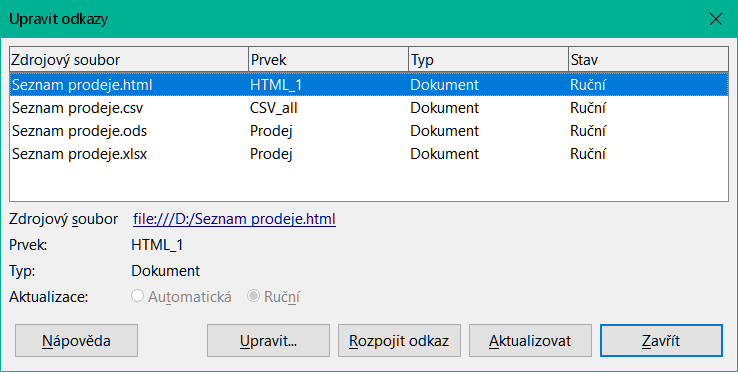 Dialogové okno Upravit odkazy