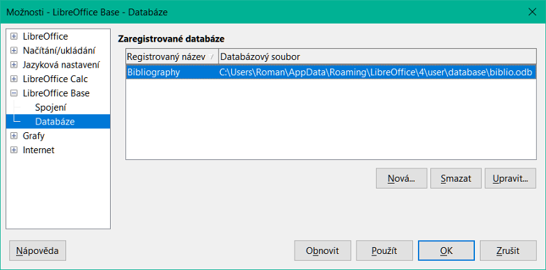 Možnosti – LibreOffice Base – dialogové okno Databáze