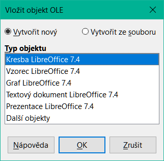 Dialogové okno Vložit objekt OLE s vybranou možností Vytvořit nový.