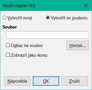 Dialogové okno Vložit objekt OLE s vybranou možností Vytvořit ze souboru.