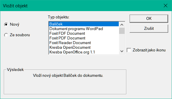 Vložení objektu OLE v systému Windows