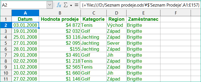 Příklad propojení DDE na jiný sešit Calc