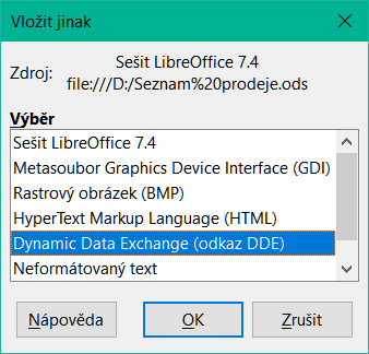 Dialogové okno Vložit jinak v aplikaci Writer s vybraným odkazem DDE
