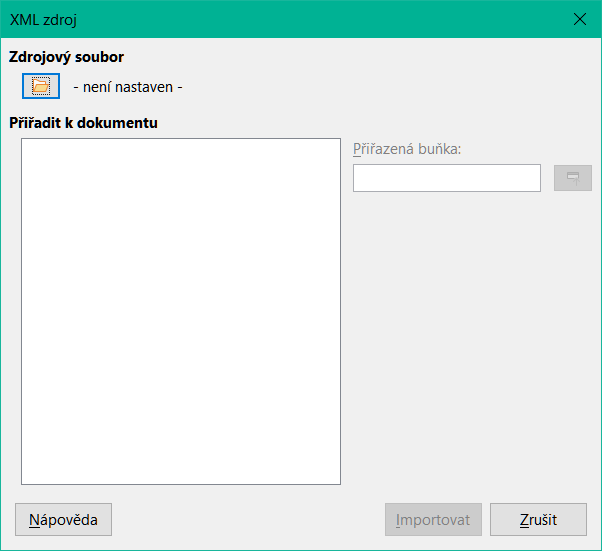 Dialogové okno XML Zdroj (při prvním zobrazení)