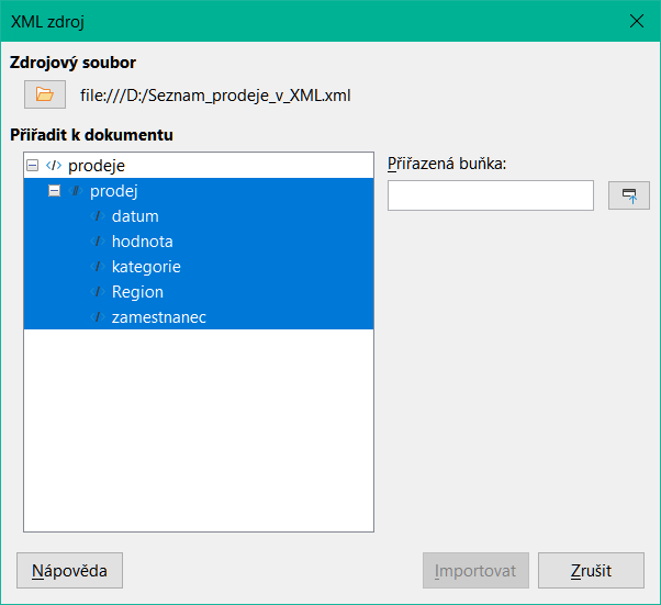 Dialogové okno XML Zdroj (vyplněno)