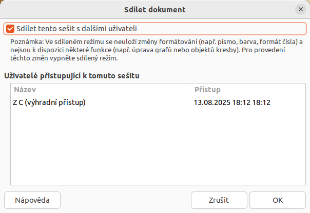 Dialogové okno Sdílet dokument