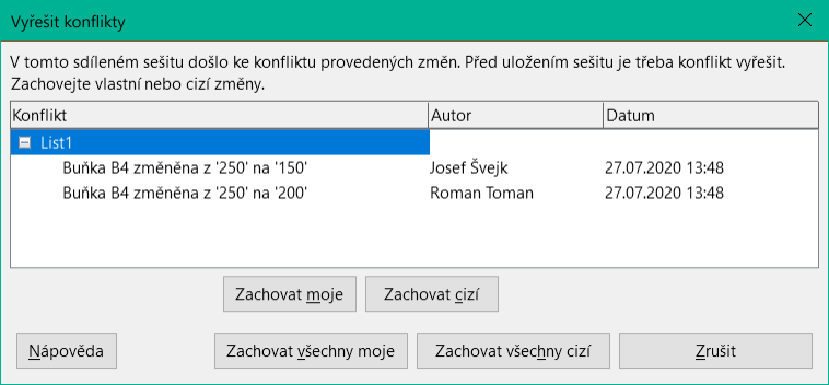 Dialogové okno Vyřešit konflikty