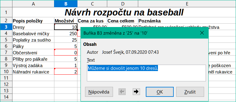 Vložení komentáře spojeného se změnou
