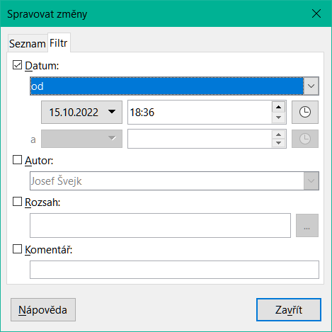 Dialogové okno Spravovat změny – Karta Filtr