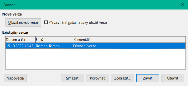 Dialogové okno Správa verzí
