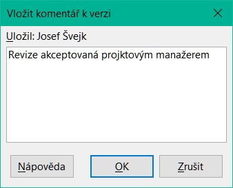 Dialogové okno Vložit komentář k verzi