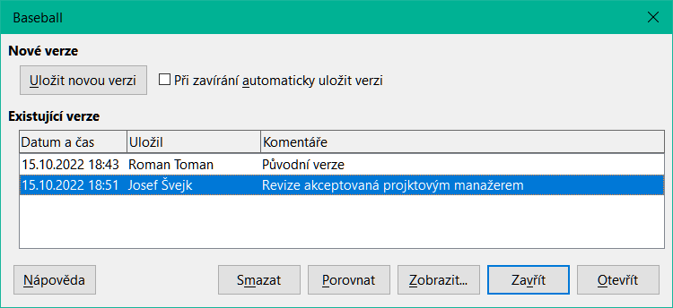 Aktualizovaný seznam verzí