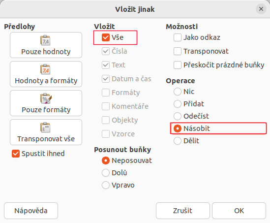 Dialogové okno Vložit jinak