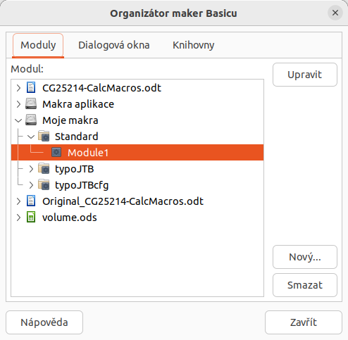 Dialogové okno Organizátor maker Basic, karta Moduly