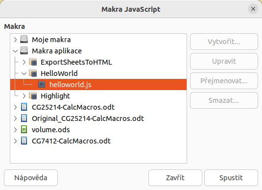 Dialogové okno Makra JavaScriptu