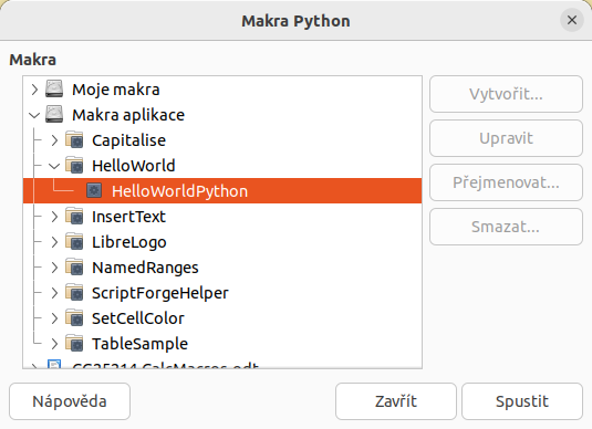 Dialogové okno Makra Python