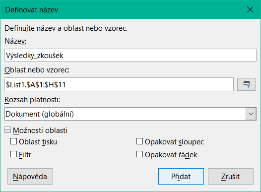 Dialogové okno Definovat název