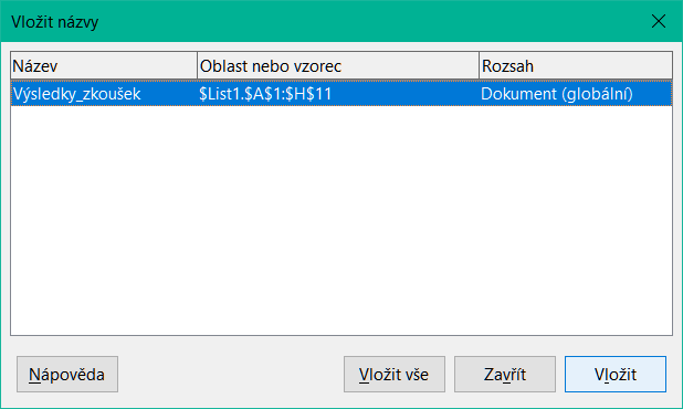 Dialogové okno Vložit názvy