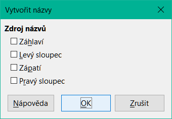 Dialogové okno Vytvořit názvy