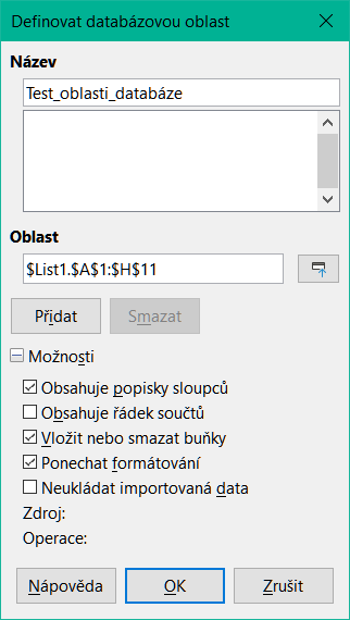 Dialogové okno Definovat databázovou oblast