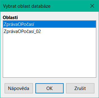 Dialogové okno Vybrat oblast databáze