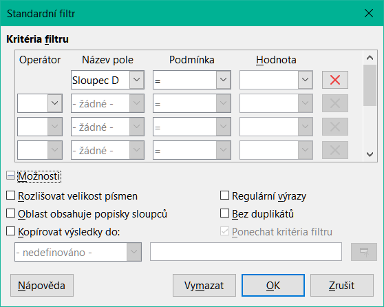 Dialogové okno Standardní filtr